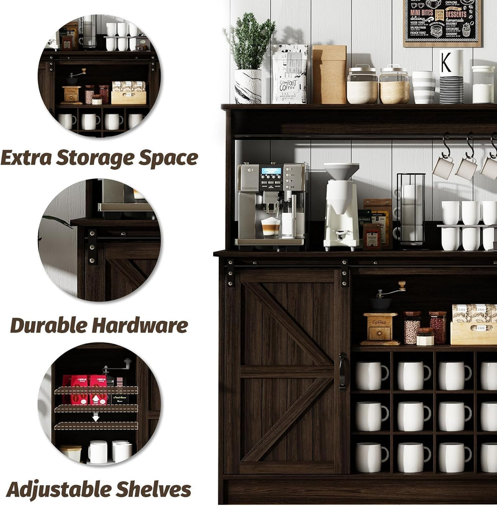 4ever2buy 55" Farmhouse Coffee Bar Cabinet with Storage Hutch, Oak