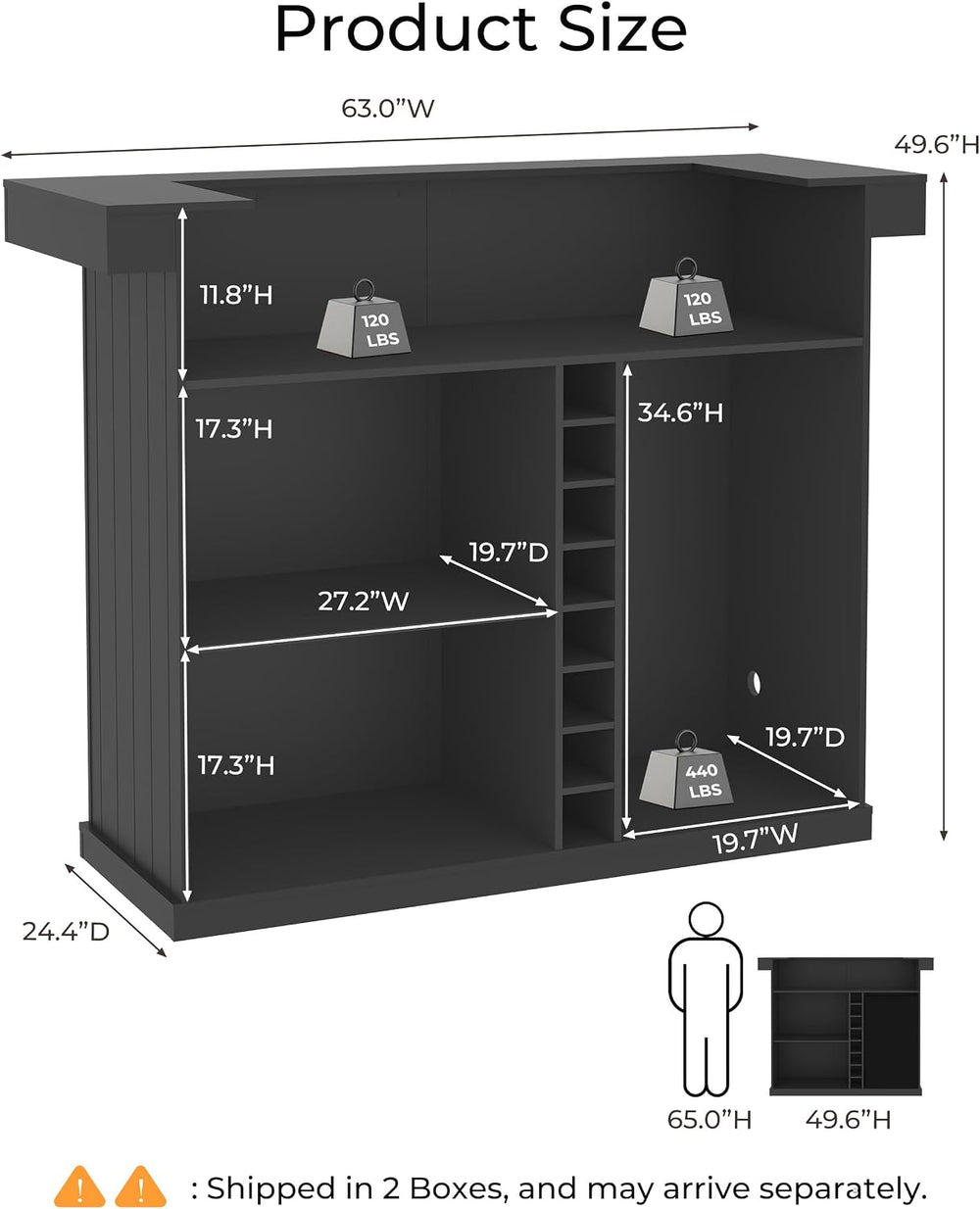 Otterease 63" Home Bar Cabinet with Mini Fridge Space, U-Shaped Bar Cabinet