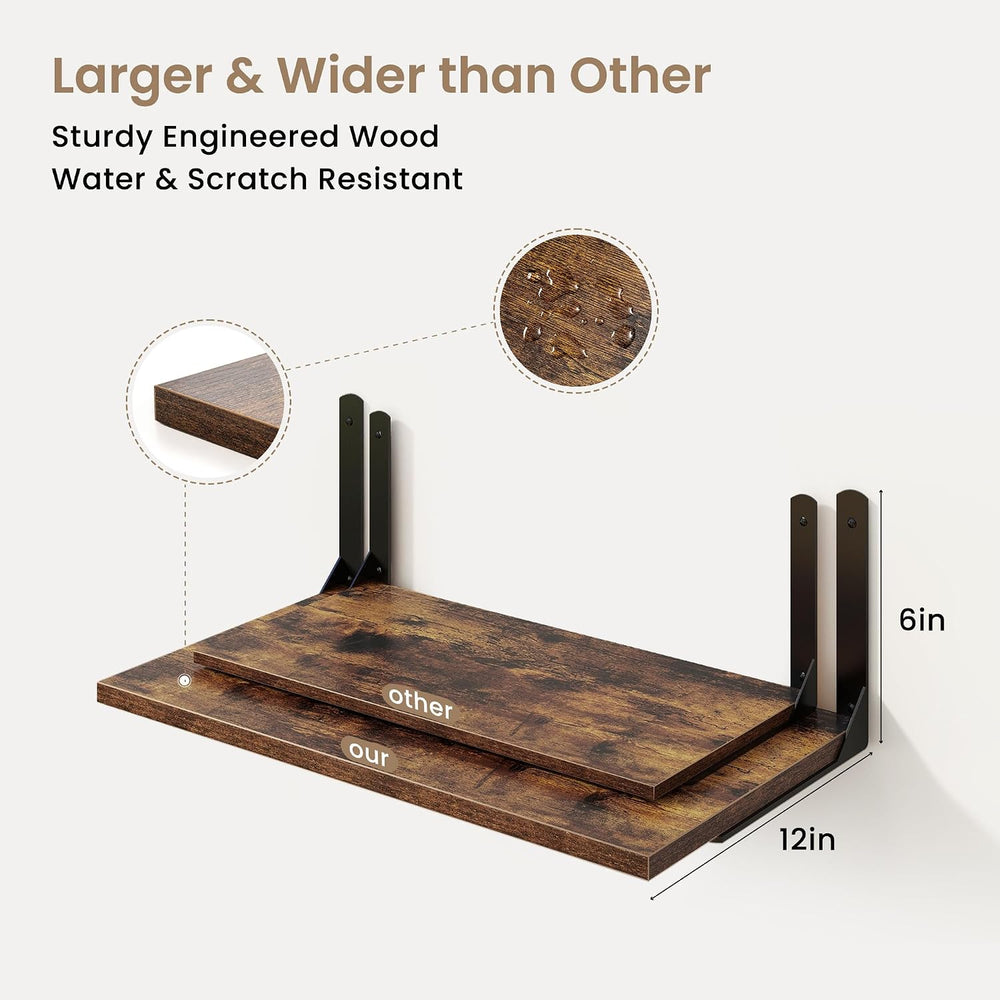 Fun Memories Rustic Brown 12 Inch Deep Floating Shelves Set of 2, Wall Mounte...