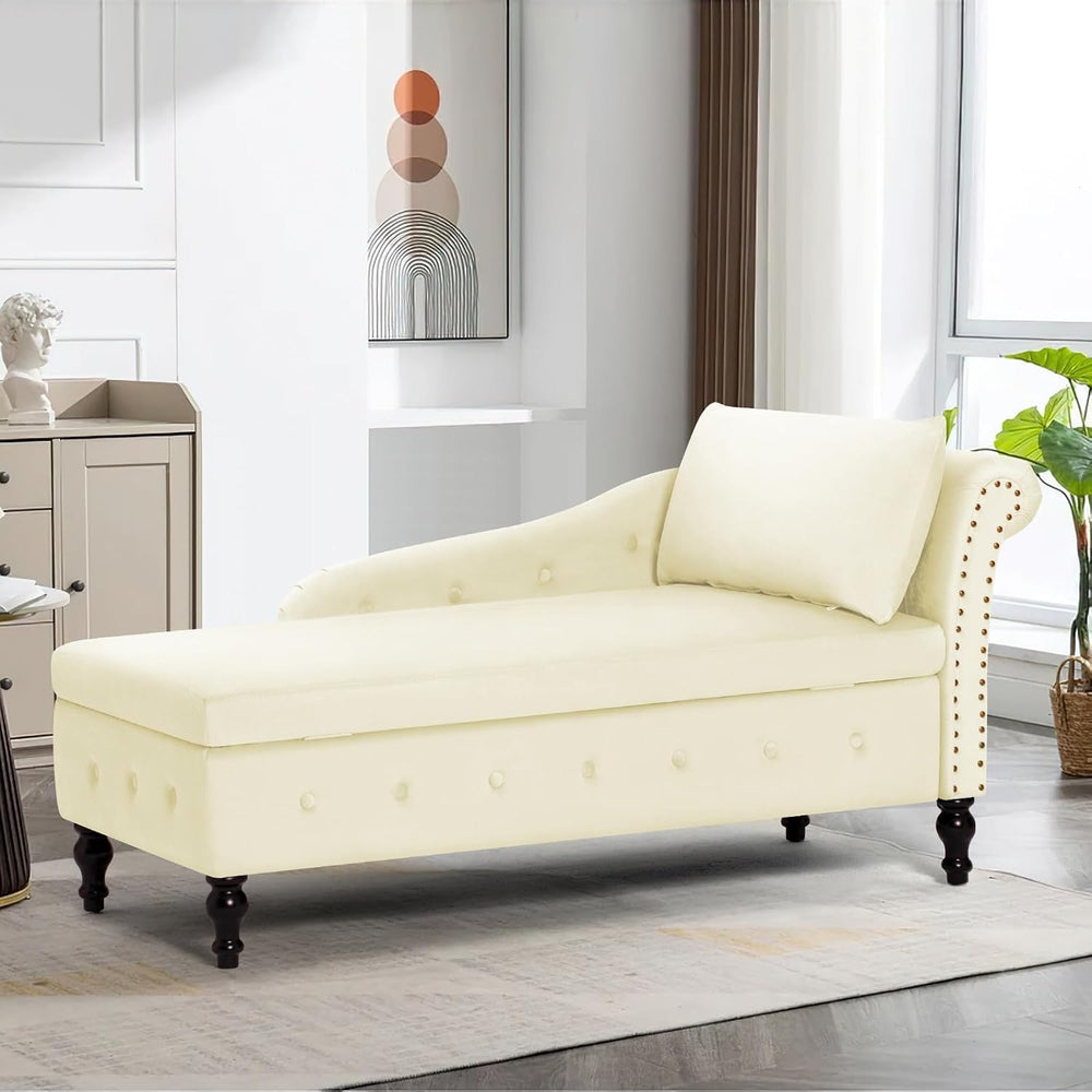 Velvet Chaise Lounge w/Right Armrest & Storage Space, Beige