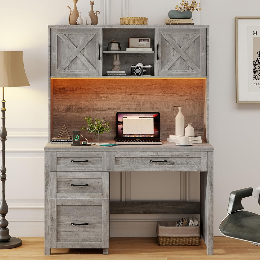 Vabches Farmhouse 67" H Executive Desk with Hutch & Drawers,Grey