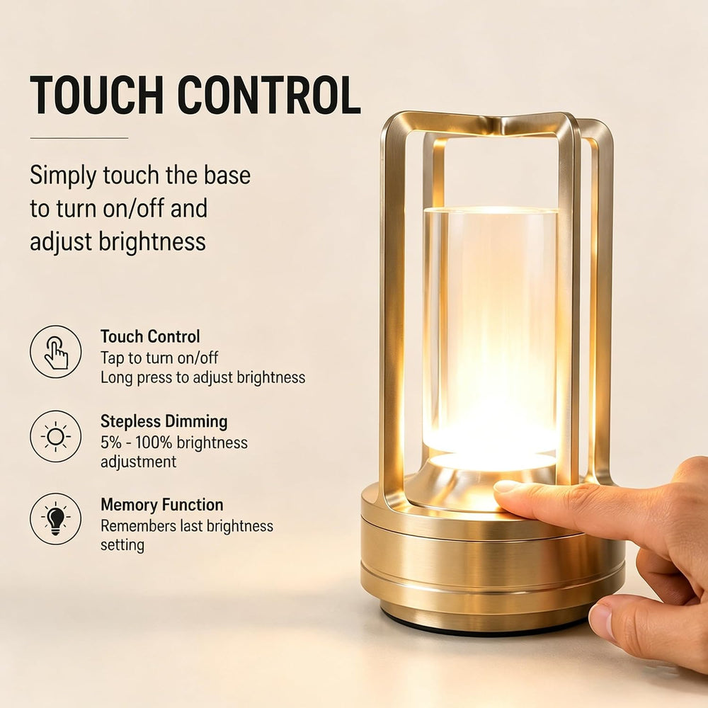 Rechargeable Crystal Table Lamp, 3-Color Touch LED, Gold