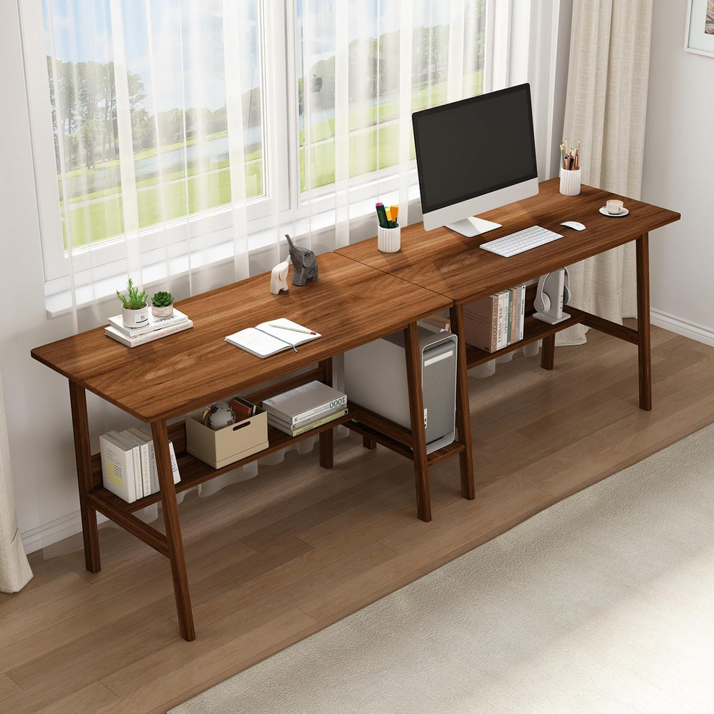 NELYE 2 Person Desk with Storage Bookshelf, 94” x 24” in, Walnut