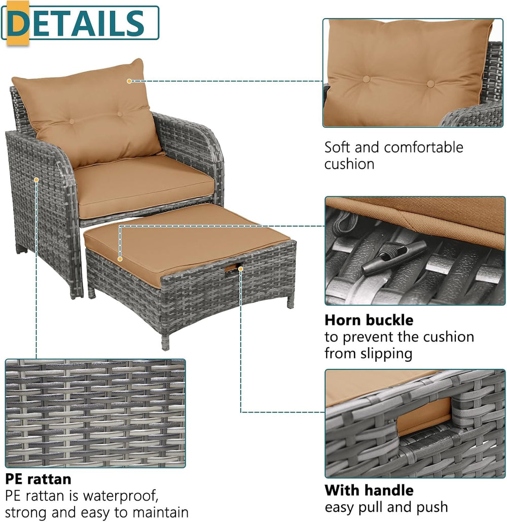 5 Pieces PE Wicker Outdoor Chairs with Ottomans, 5 PCS Rattan Patio Furniture...