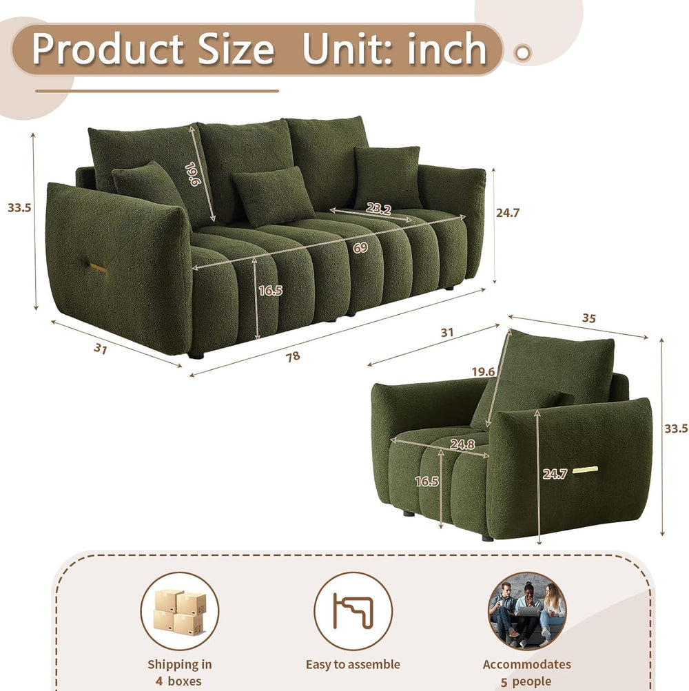 Antetek Set of 3 Teddy Fabric Sofa for Living Room, Modern 2 Units Deep Seat ...