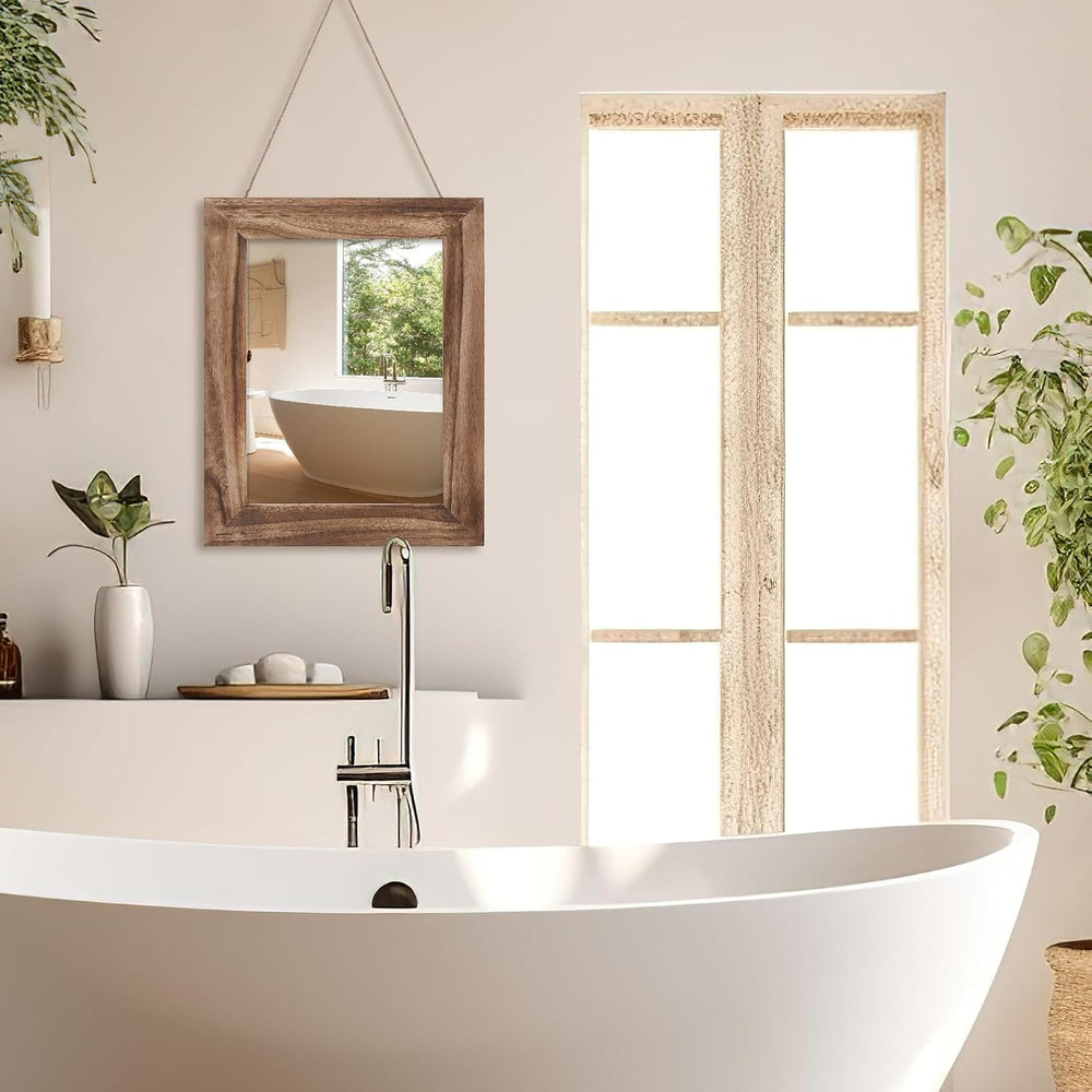 QDSSDECO 16" x 20" Farmhouse Rectangular Wall Mirror, Brown