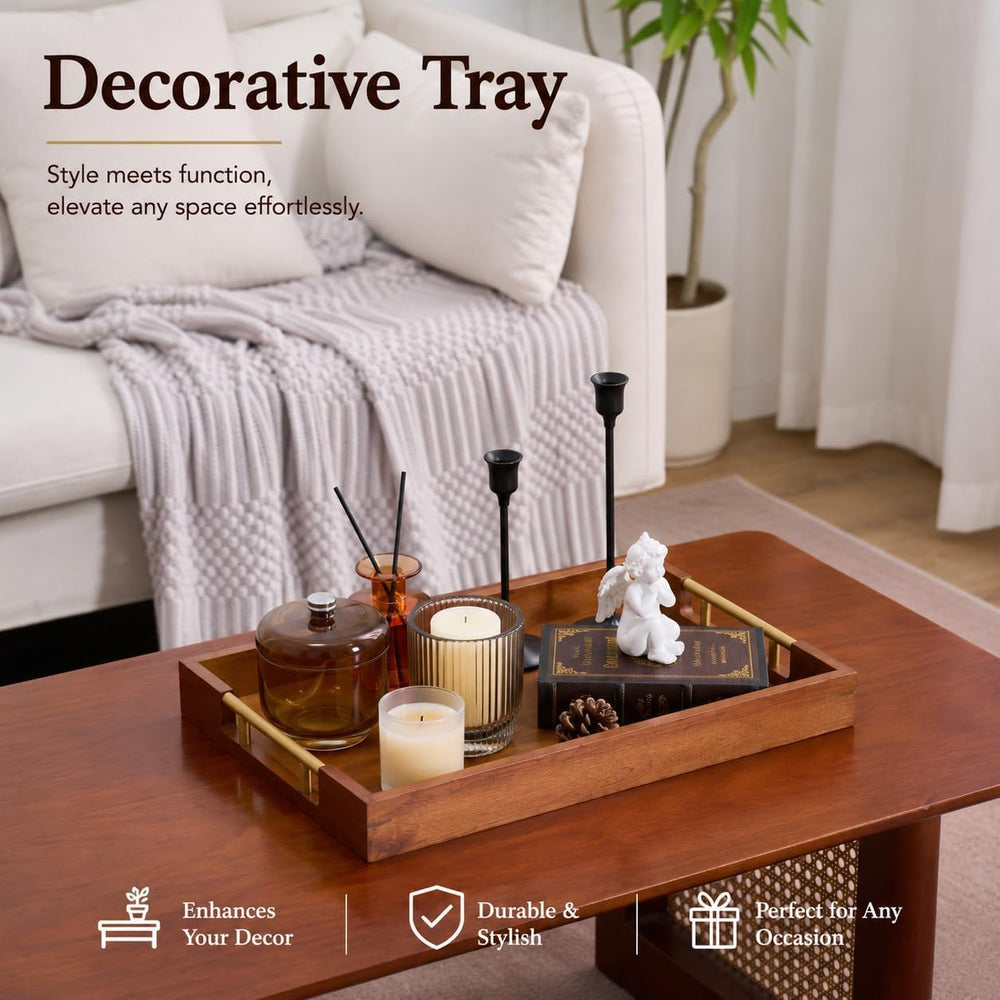 Acacia Wood Serving Tray with Gold Handles – Coffee Table & Ottoman Tray