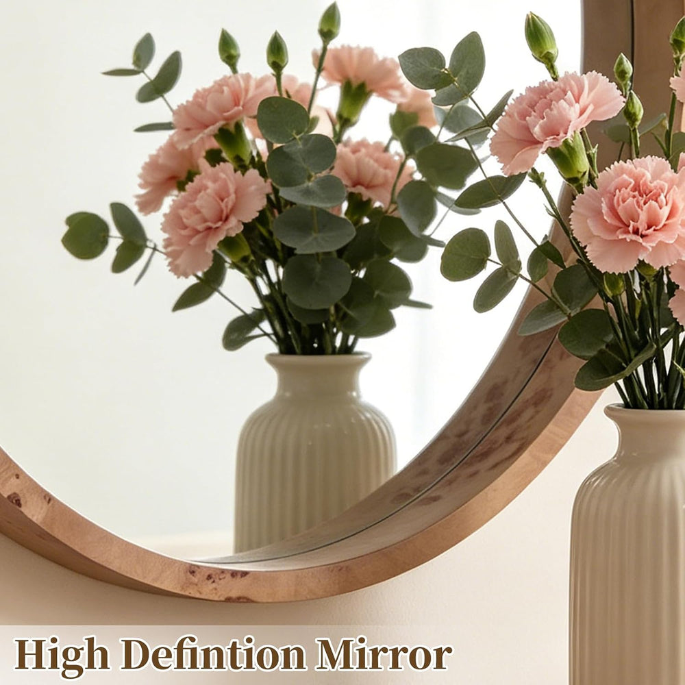 WallBeyond 24 Inch Round Wood Mirror, Burlwood Grain Wood Frame Circle Mirror...