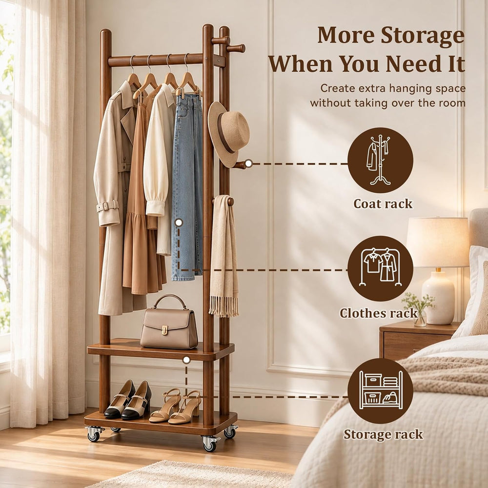Taitiy Coat Rack Solid Wood Stand Storage 2 Shelves 5 Hooks Entryway