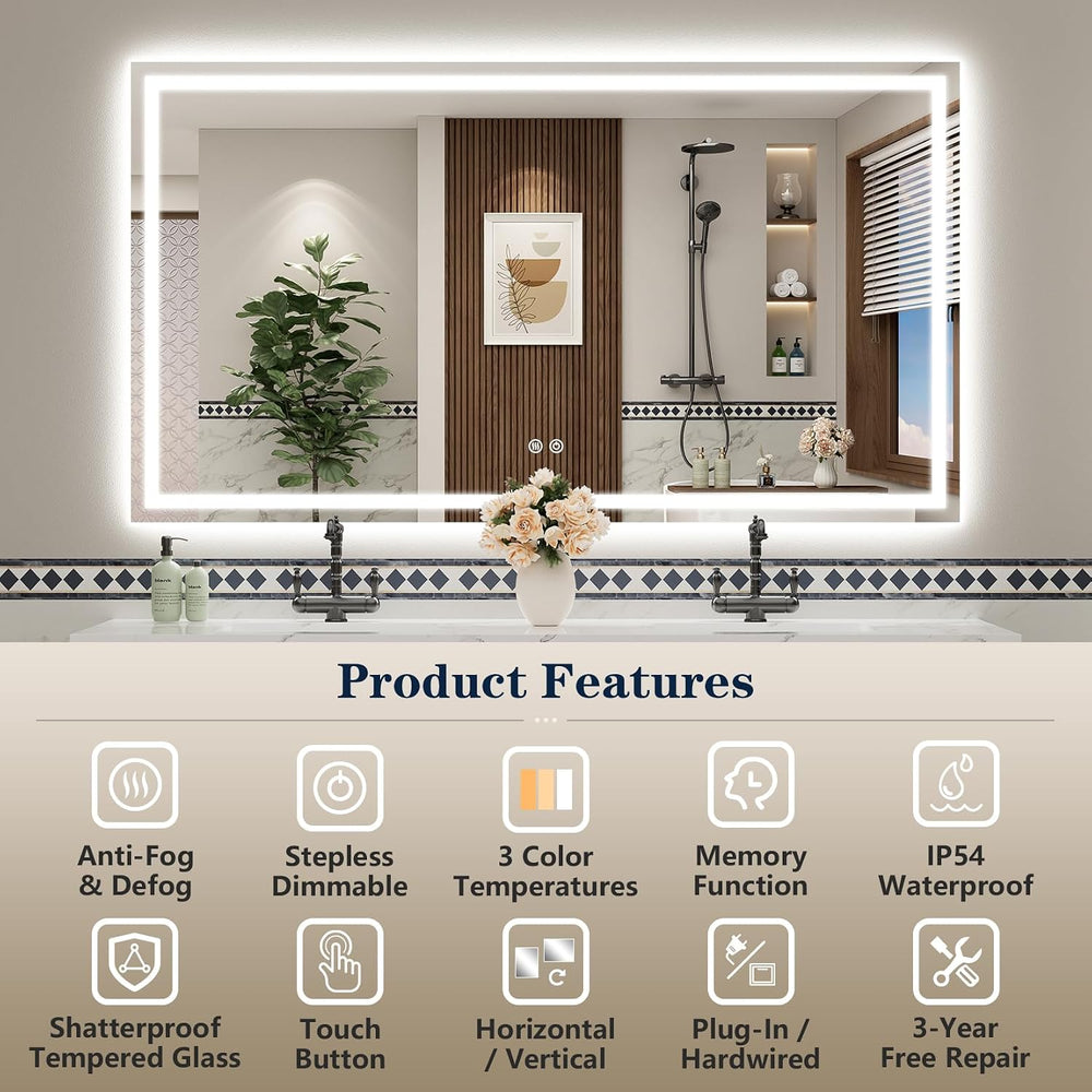 72x36 Inch LED Bathroom Mirror with Lights, Backlit & Front Lit