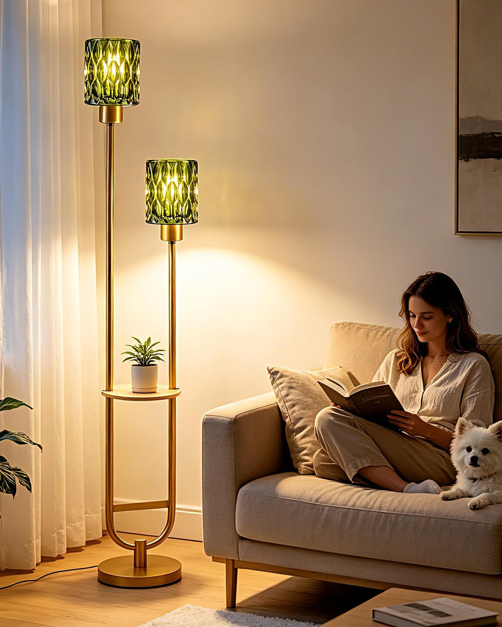 Green Glass Floor Lamp with Table Shelf, Modern Gold Standing Lamp