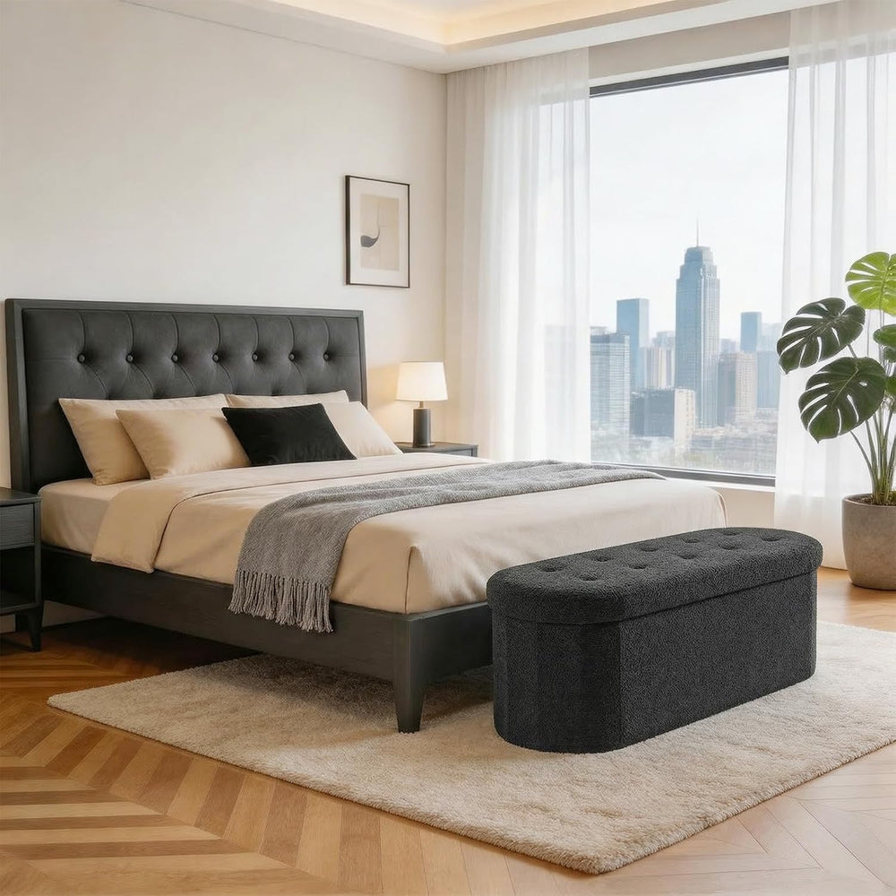 DUMOS 43" Oval Storage Ottoman Bench End of Bed, Black Teddy Fabric