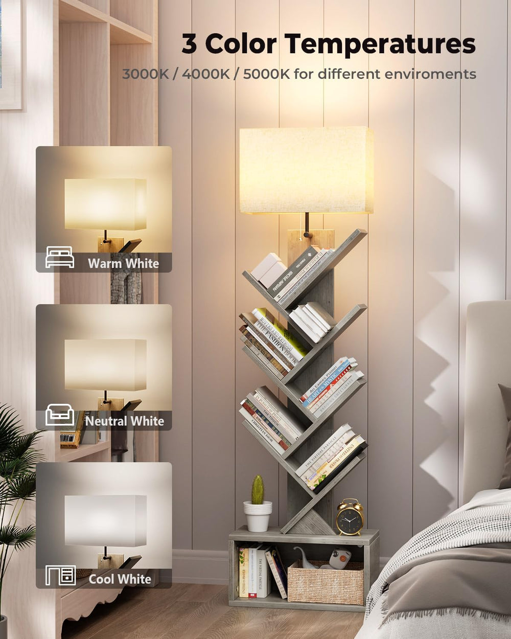 Evermagin 6 Tier Tree Bookshelf with Light, Bookcase, Gray