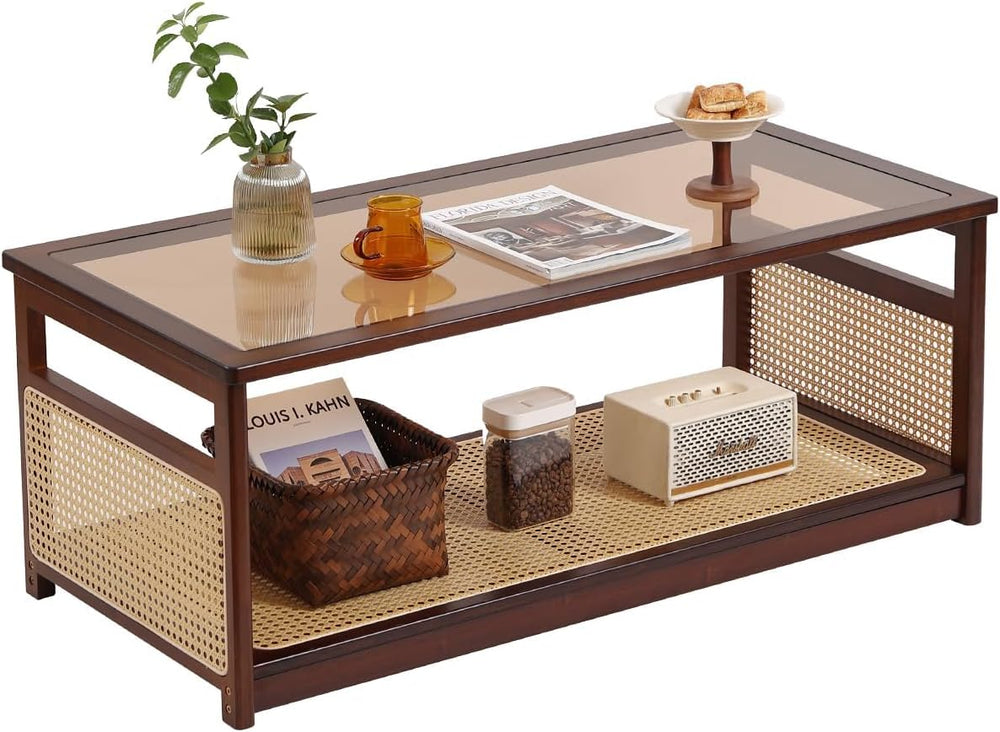 Welnow Rattan Coffee Table, 2-Tier Mid Century Modern Coffee Table, Walnut