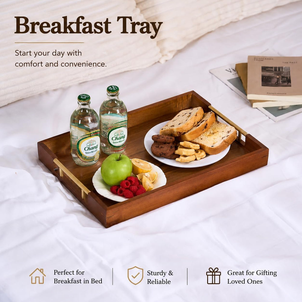Acacia Wood Serving Tray with Gold Handles – Coffee Table & Ottoman Tray