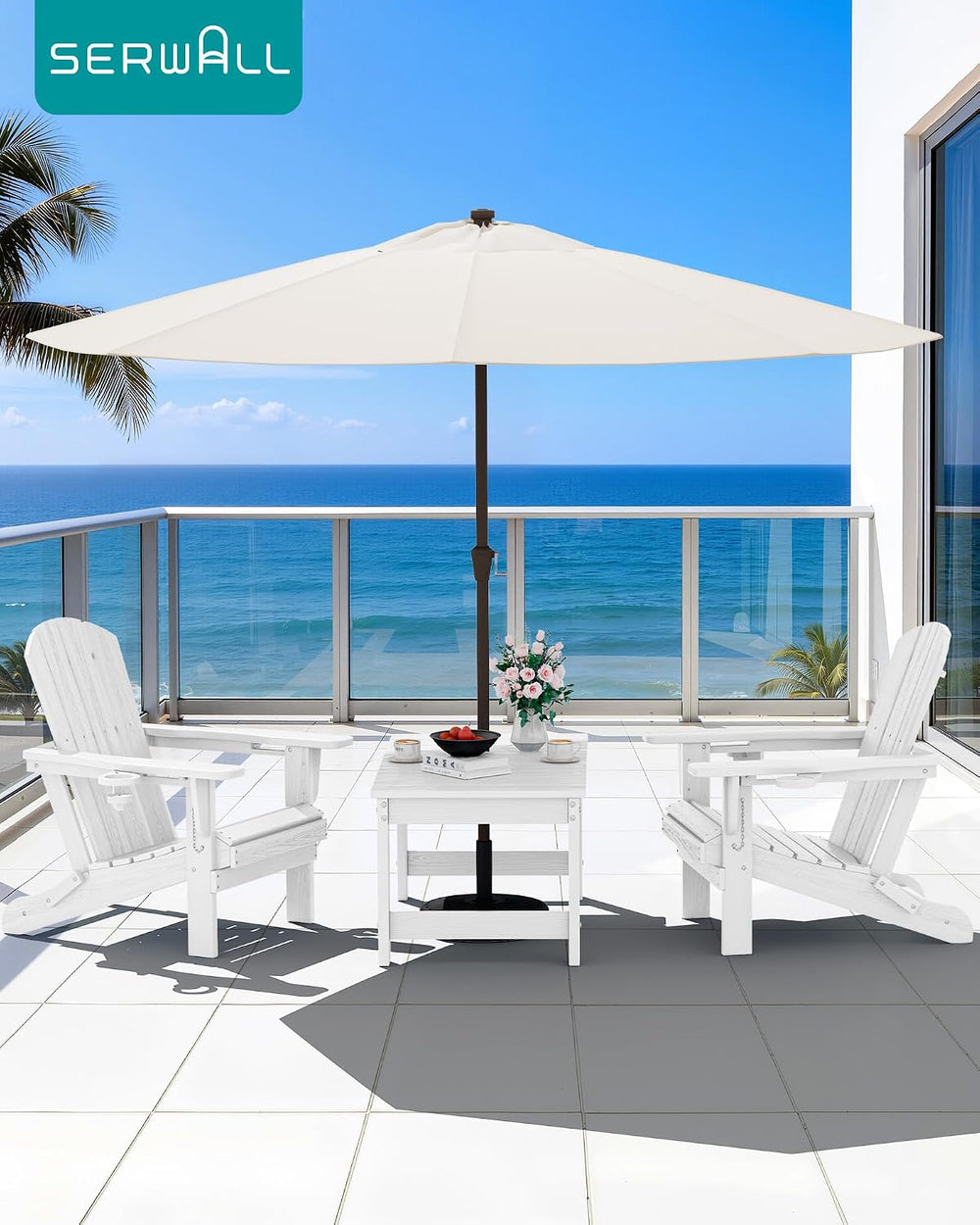 SERWALL HDPE Outdoor Coffee Table with Umbrella Hole, White