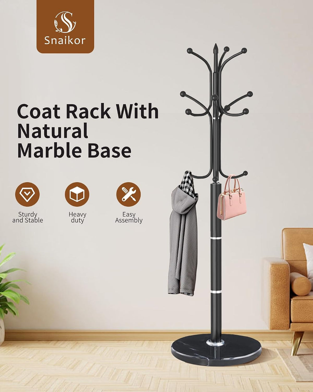 Snaikor Metal Coat Rack Freestanding, Sturdy Coat Rack Stand with Natural Mar...