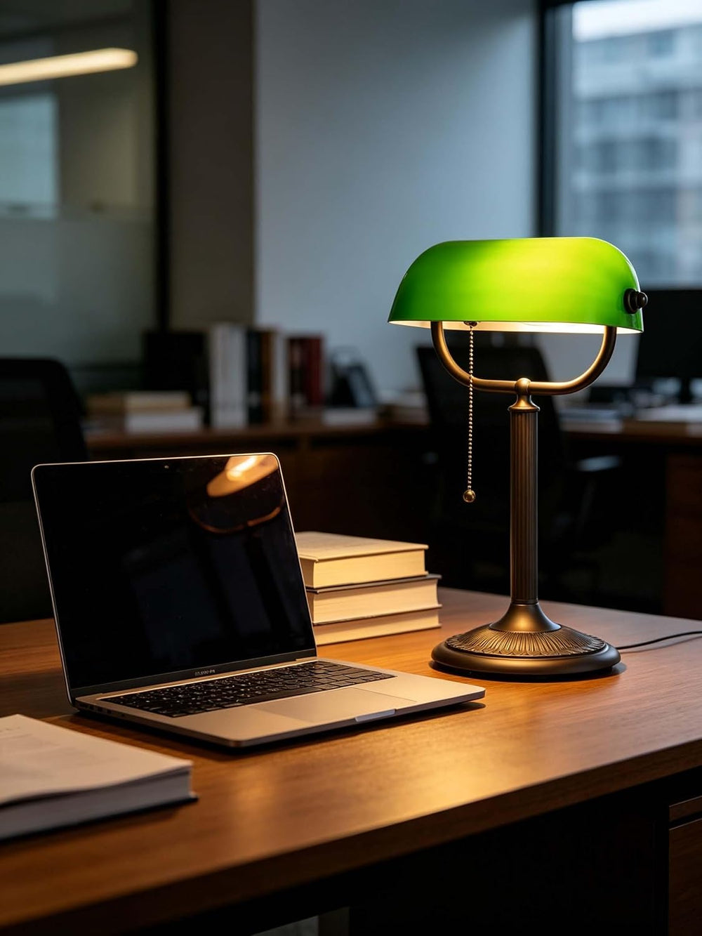 1-Minute Quick-Change Shade Antique Green Glass Bankers Desk Lamp