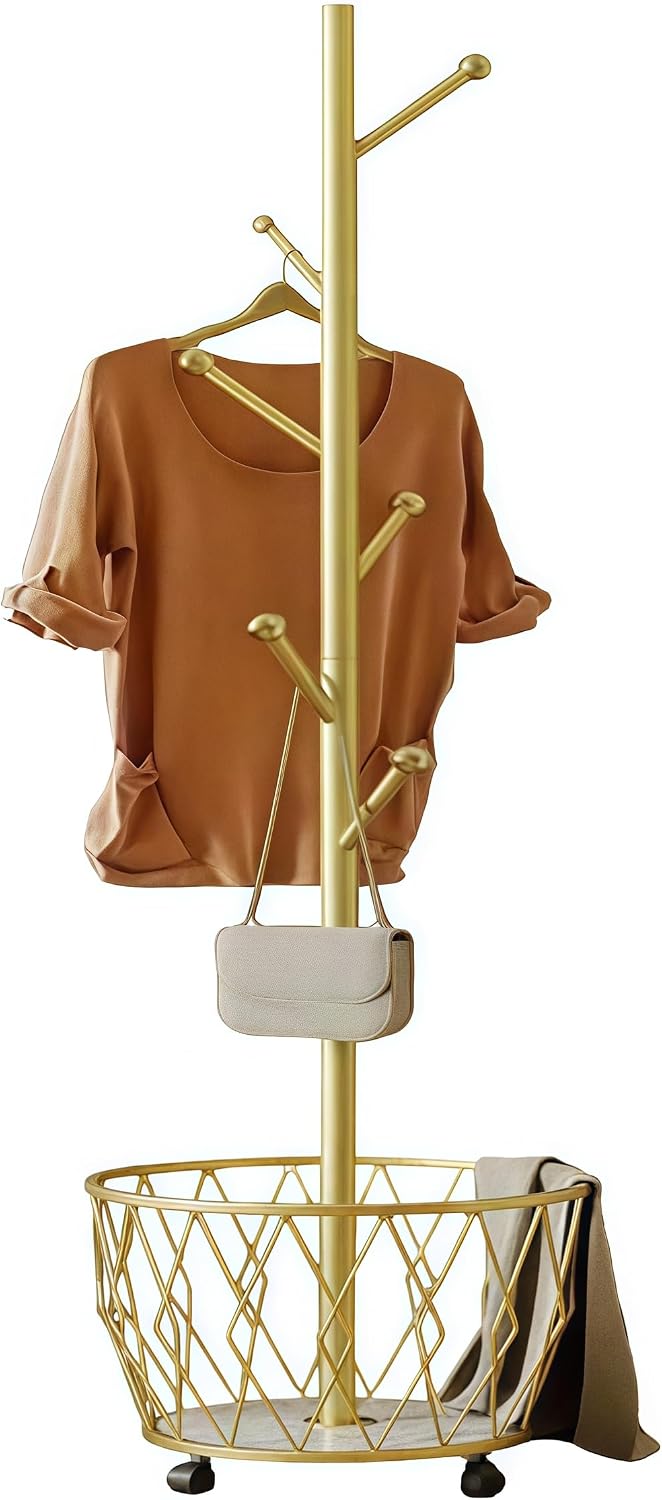 Gold Moveable Tree Metal Coat Rack with Basket Freestanding 65"
