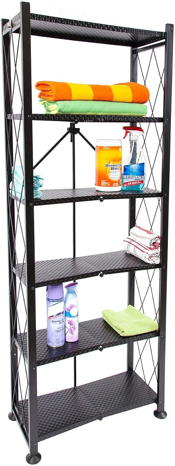 Origami 6-Tier Foldable Heavy-Duty Rolling Storage Shelf Rack Unit, Black