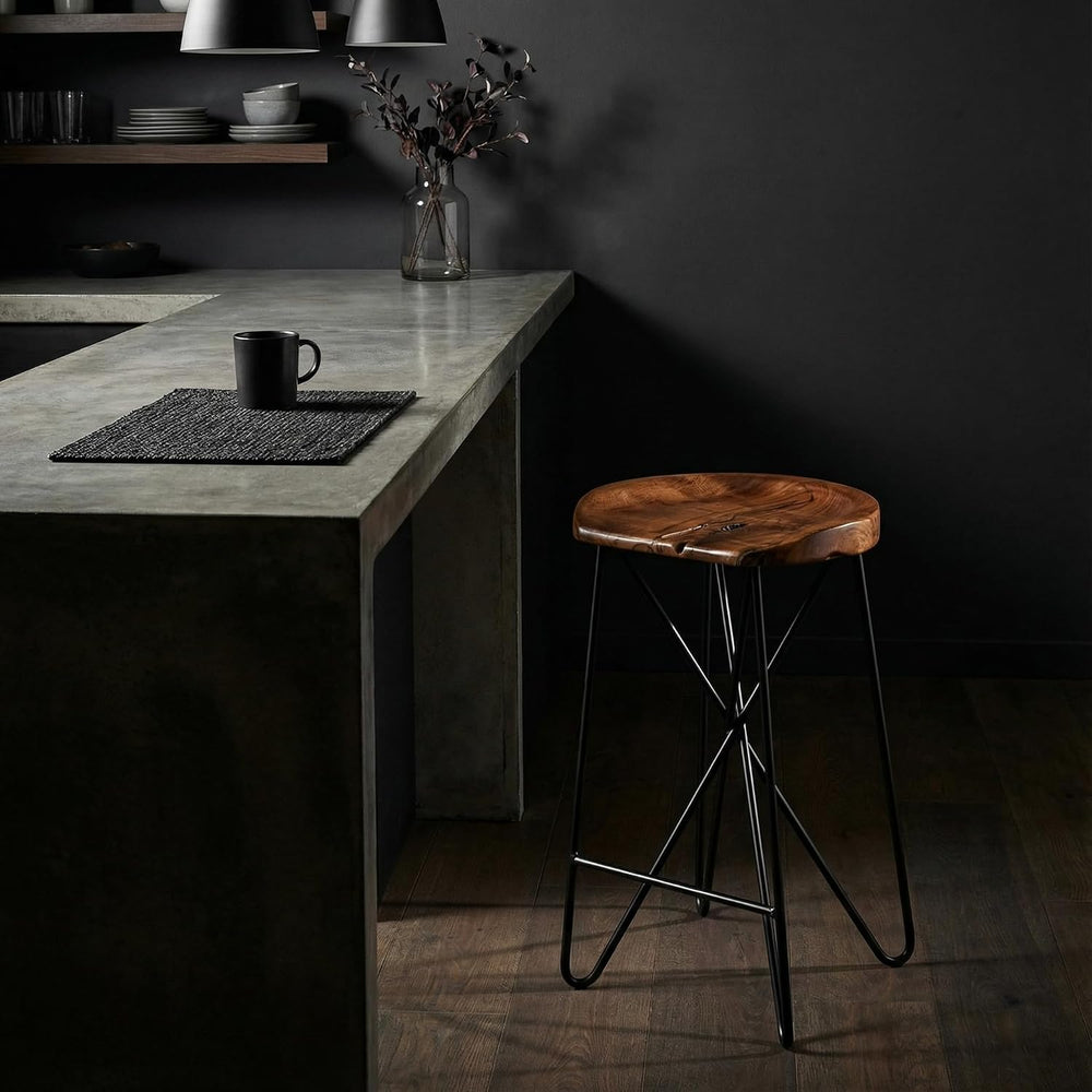 Bare Decor Aloha Backless Live Edge Teak Counter Stool with Solid Black Metal...