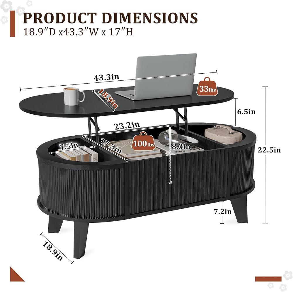 LYNCOHOME 43.3" Black Coffee Table for Living Room with Lifting Top, Oval