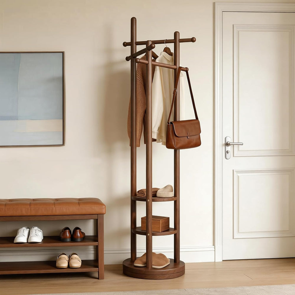 Coat Rack Freestanding, Solid Wood Coat Tree with 6 Hooks and 3 Storage Shelv...