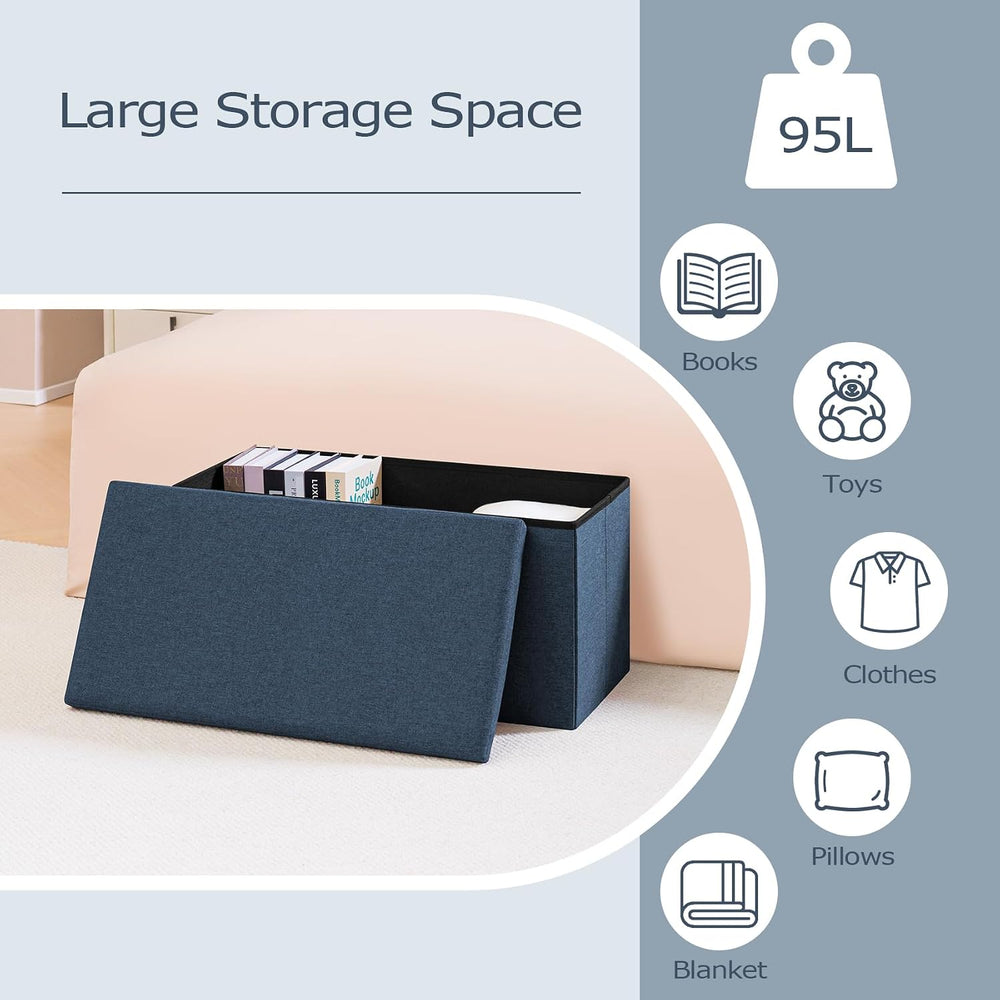 PINPLUS Folding Storage Ottoman Bench with Tray, Dark Blue