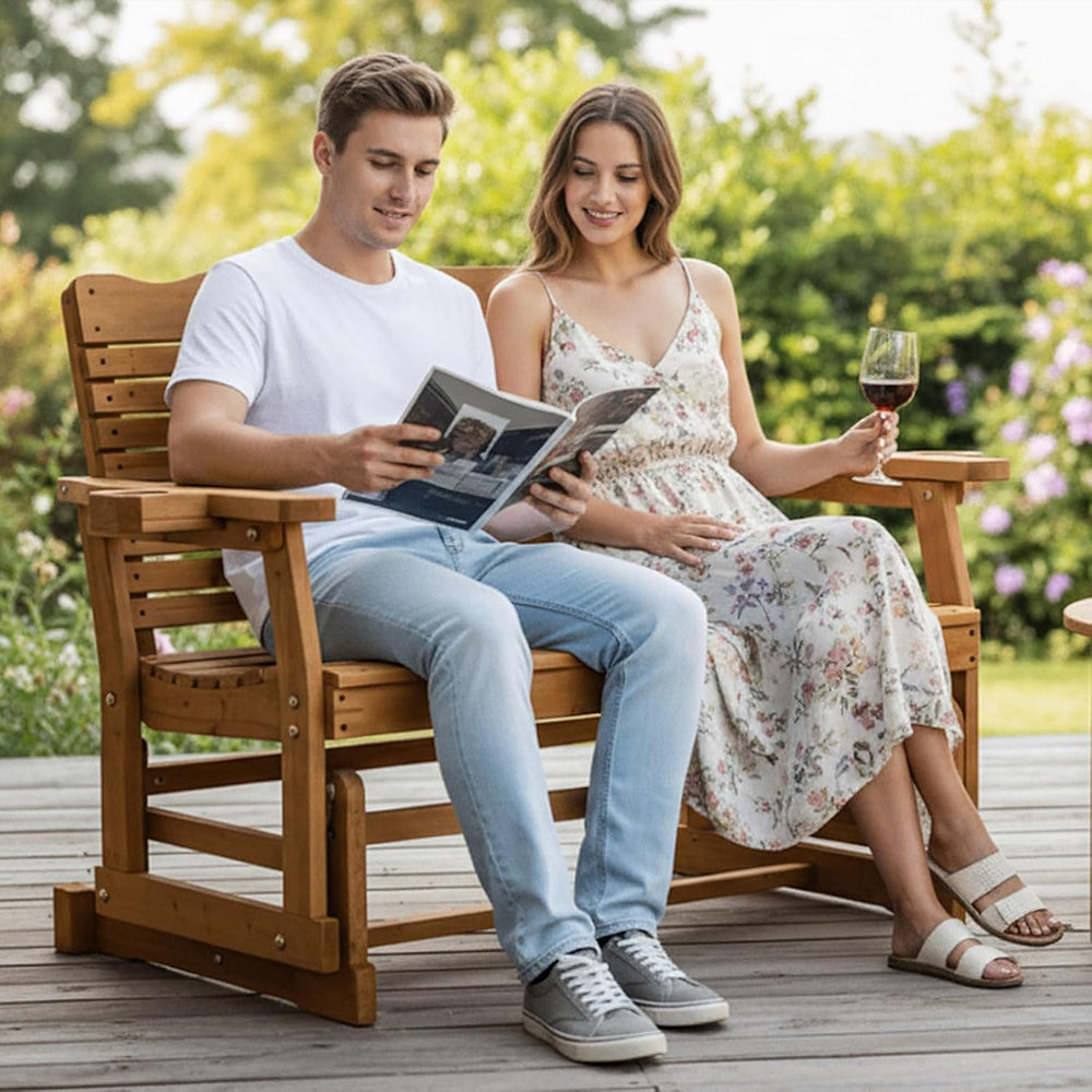 Outvita Patio Glider with Cup Holders, Wooden Outdoor Glider Bench with High ...