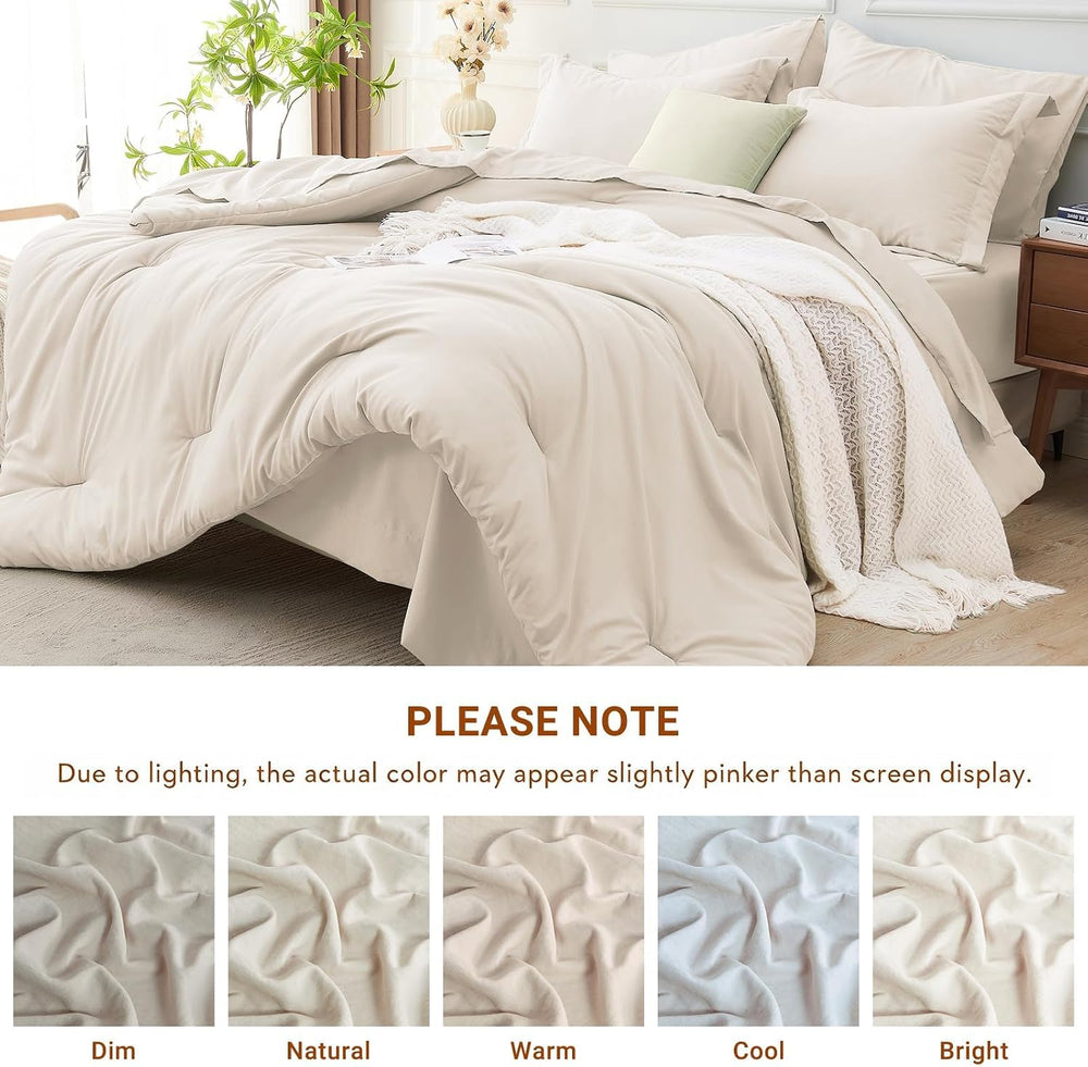 MUXHOMO King Comforter Set 7 Pieces, Soft Bed in a Bag, Beige