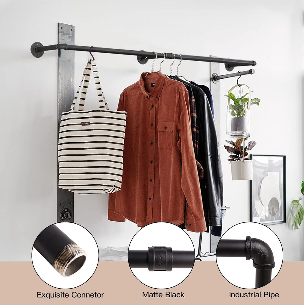 Clothes Hanger Pole Wall Mount, 72" Heavy Duty Detachable Black Iron Gar...