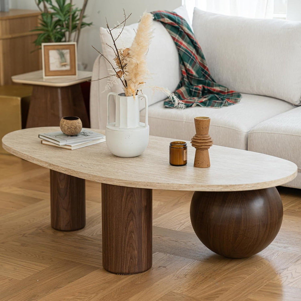 55'' Modern Oval Wood Coffee Table for Living Room, 3 Walnut Accent Legs