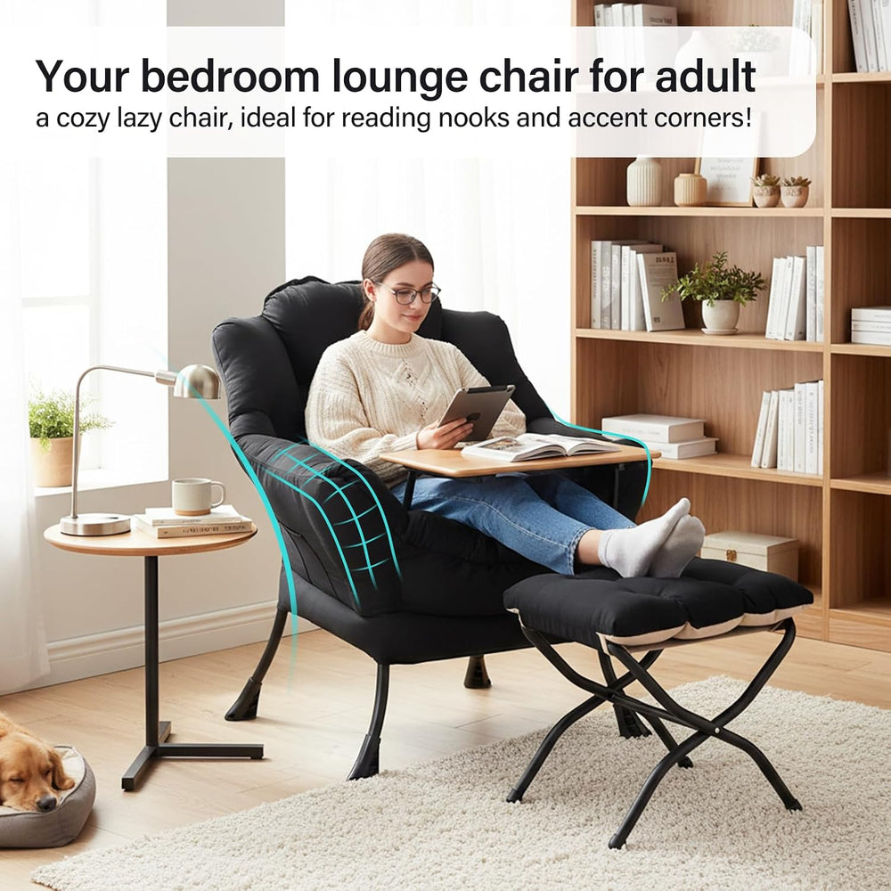 Lazy Chair with Ottoman, Comfy Chair with Pillow,Pure Black