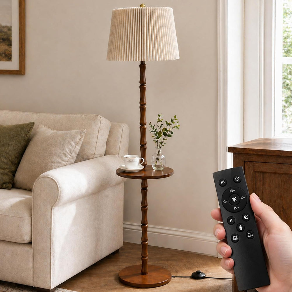 Real Wood Floor Lamp with Built-in Tray, Remote Control, Adjustable Brightnes...