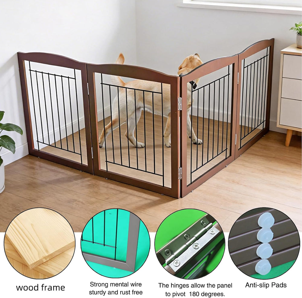 ZJSF Freestanding Foldable Dog Gate for House Extra Wide Wooden Brown Puppy G...
