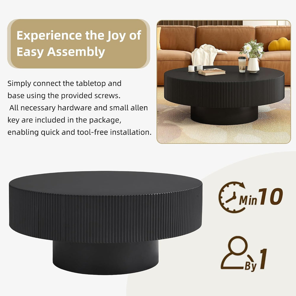 Merax Modern 31 Inch Fluted Round Coffee Table with Sturdy Base, Black