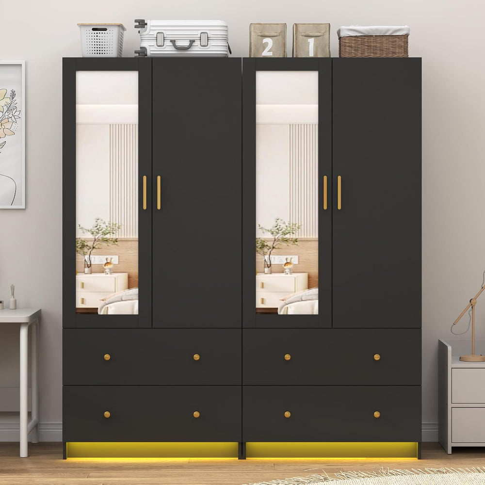 jiteentarou 2 Door Wardrobe Closet with Mirrors and LED Lights, Small Bedroom...