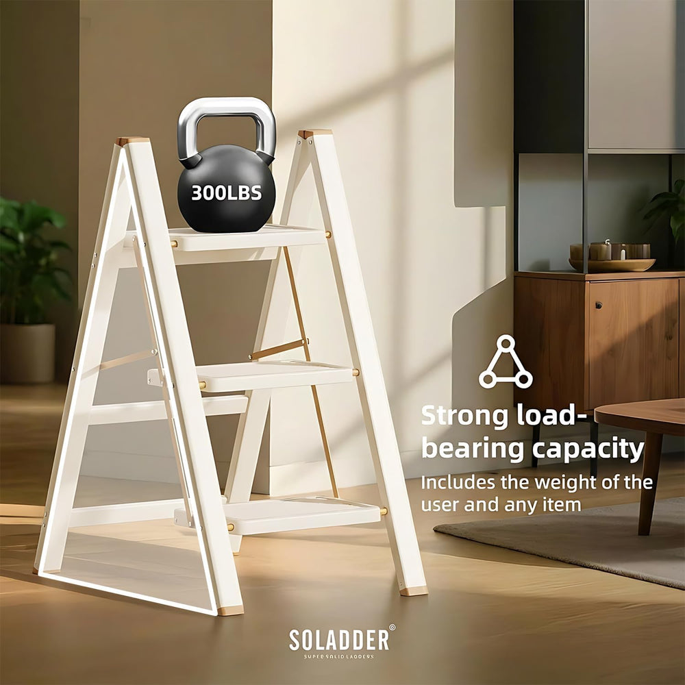 SOLADDER 3 Step Ladder, Folding Step Stool, Cream Chocolate