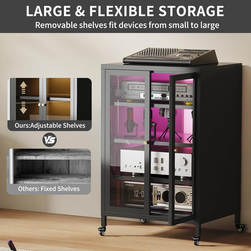 Metal Media Cabinet with 13-Color LED Lights & Swivel Wheels, 4-Tier Ster...