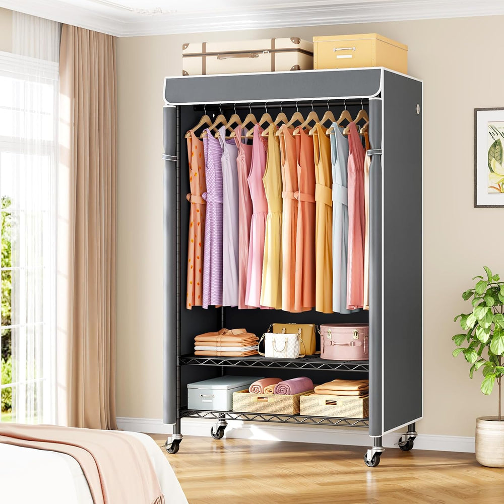 ULIFHOME P6C Rolling Clothes Rack with Cover, 3-Tier Covered Clothing Rack