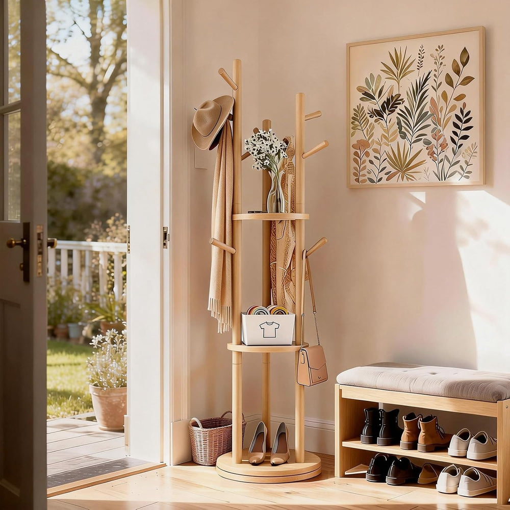 Solid Wood Rotary Coat Rack, Coat Rack Freestanding with 3 Storage Shelves &a...