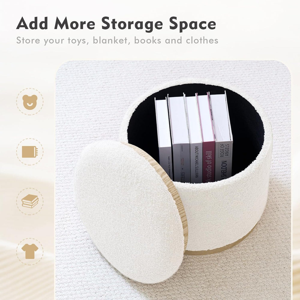 PINPLUS Round Storage Ottoman Set of 2, Cream Boucle Stools with Tray