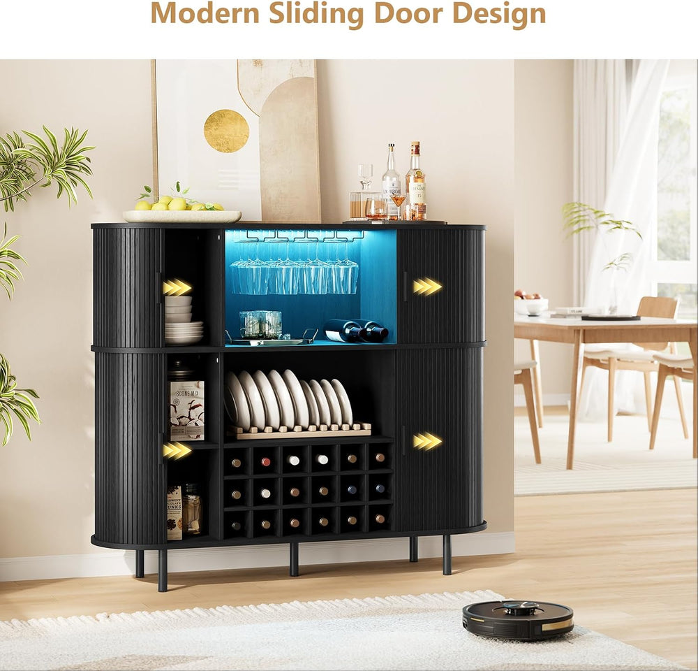 ONBRILL 55" Fluted Wine Bar Cabinet with Power Outlet Black