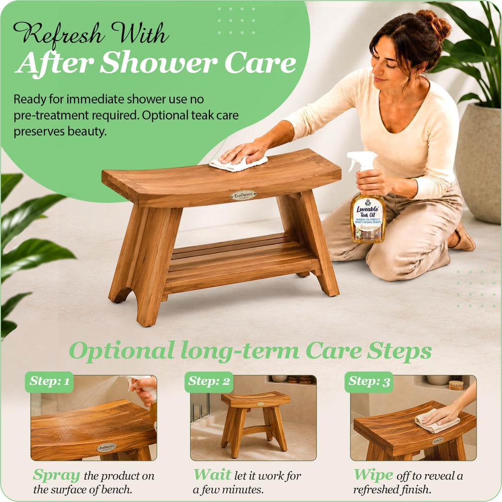 EcoDecors Serenity 30-Inch Teak Shower Bench with Shelf, 300 lb