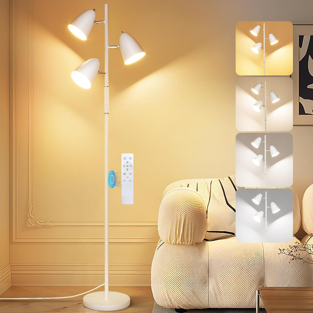 36W LED Floor Lamp for Living Room, Modern White 3-Light Tree Standing Lamp