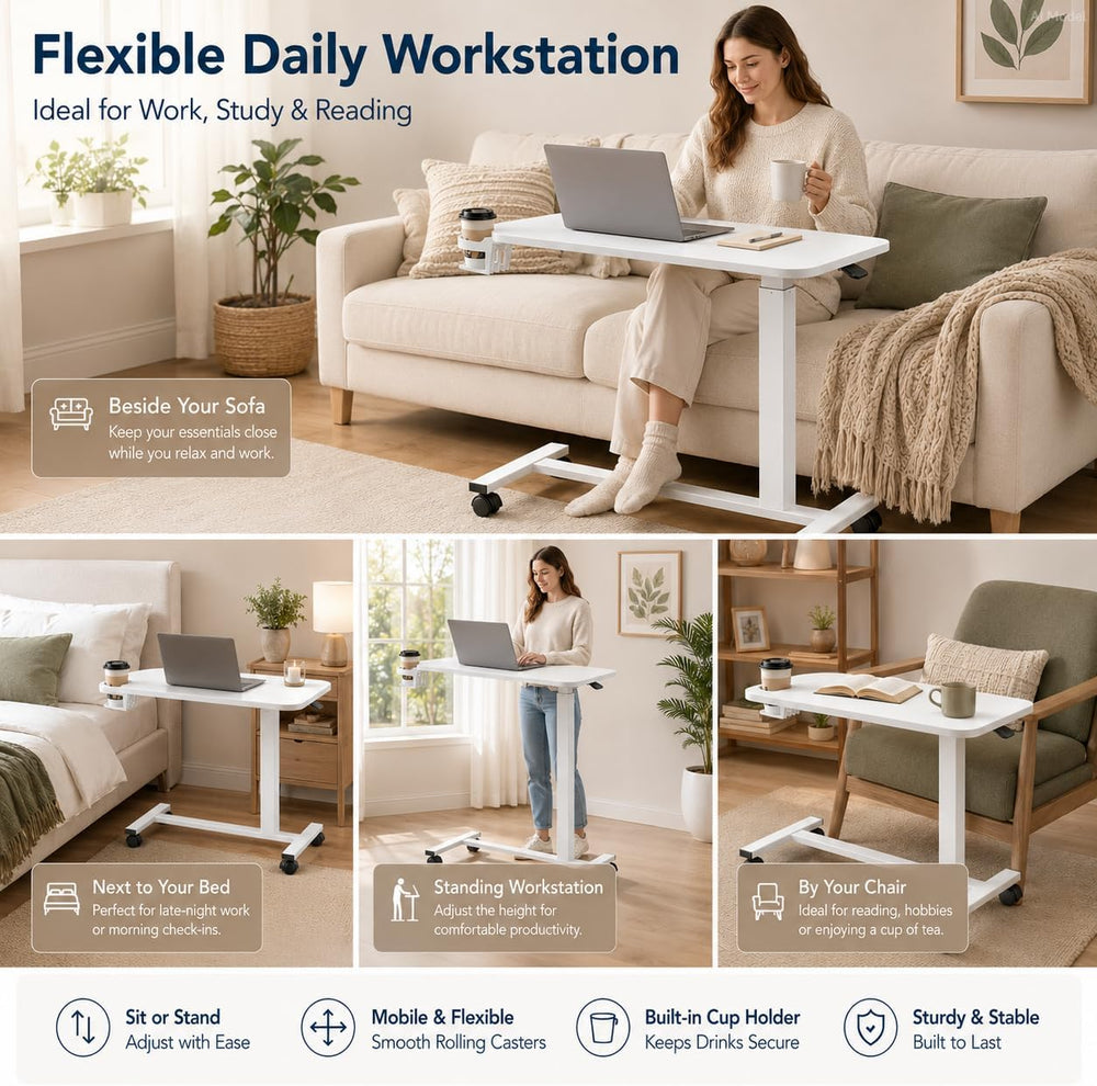 GTPLAYER Mobile Rolling Desk, Adjustable Height Laptop Table, 28 Inch White