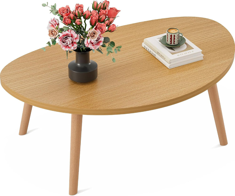 Coffee Table, 31.5" Low Coffee Tables with Solid Wood Legs Kidney Natural