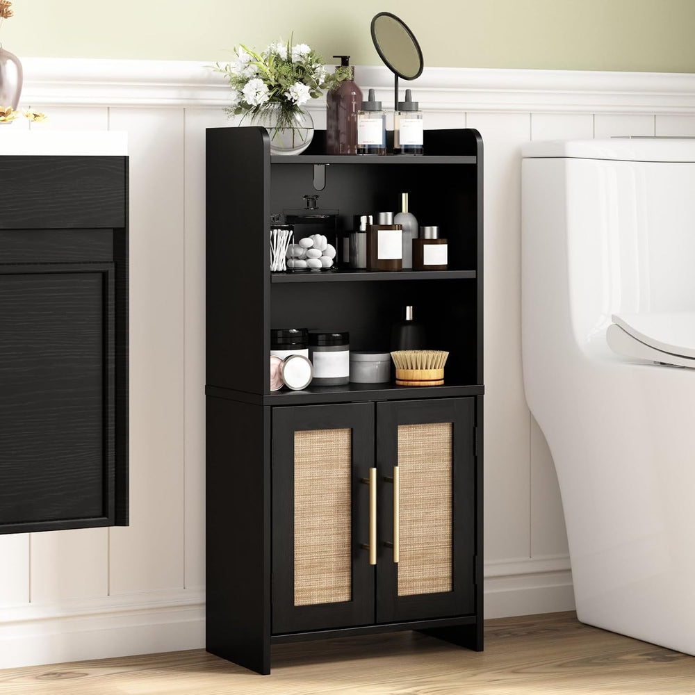 Small Bathroom Storage Cabinet with 2 Doors & Shelf,Rattan Black