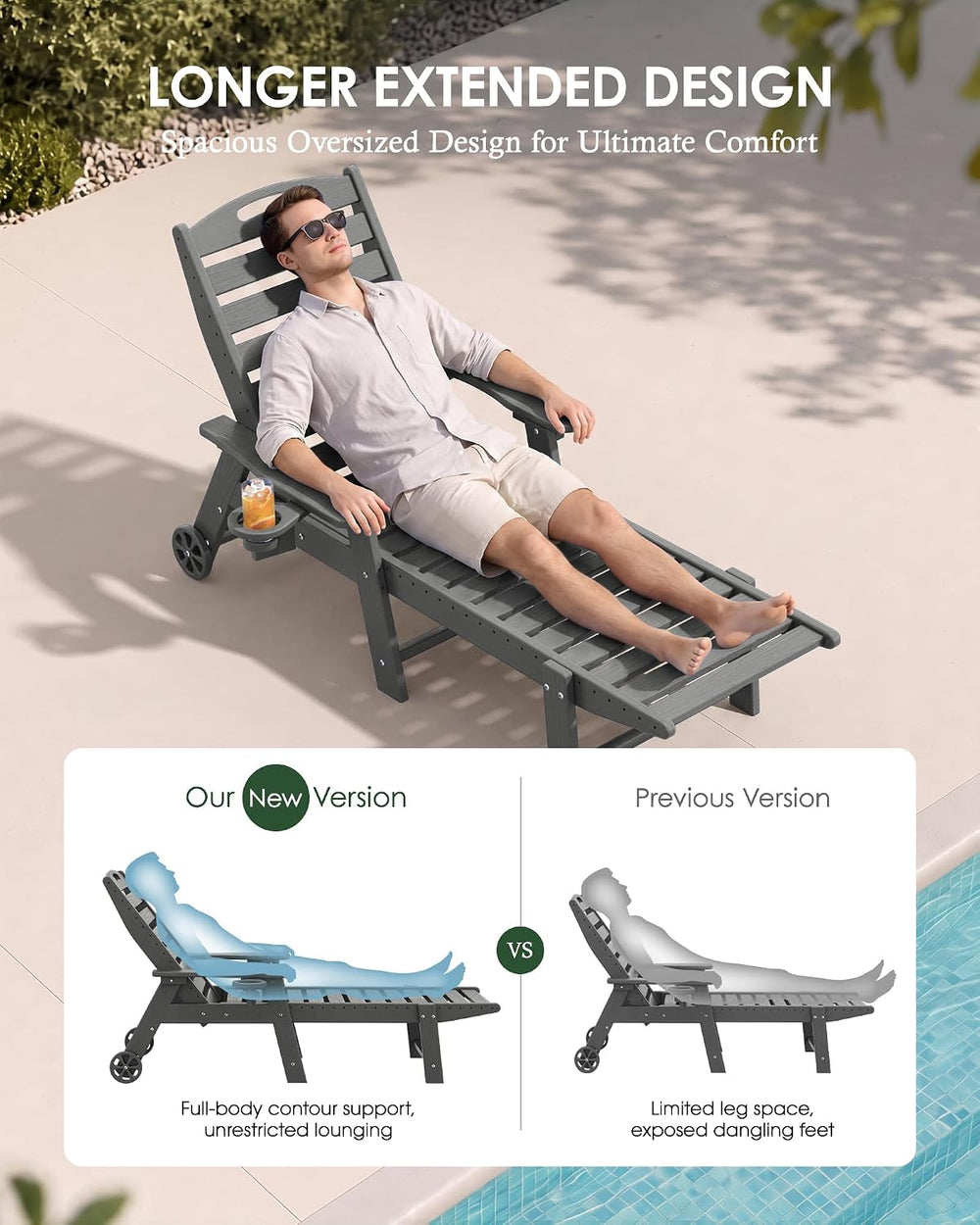 HDPE Outdoor Chaise Lounge Chair Set of 2, 77.8" Length,Dark Grey