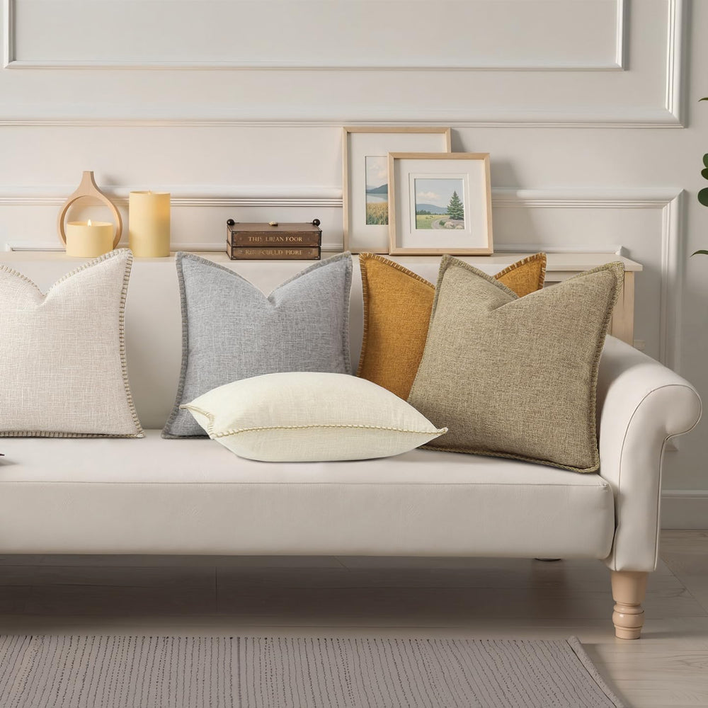 decorUhome Beige Faux Linen Outdoor Throw Pillow Covers 26x26 Set of 2